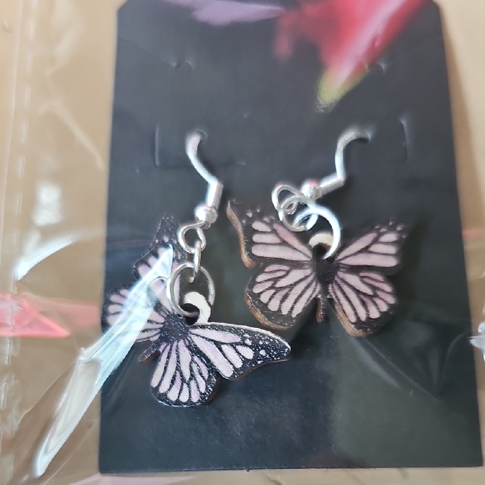 Butterfly Dangle Earrings - Pink and Silver